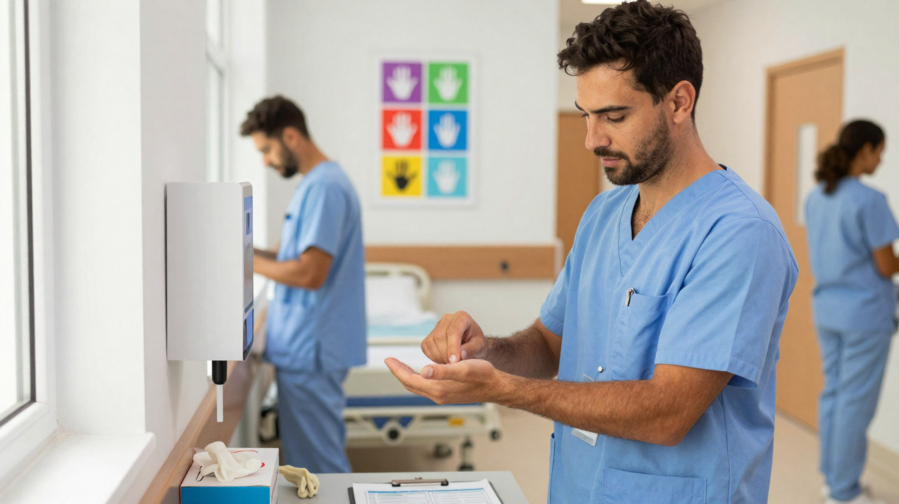 Profissional de saúde a aplicar gel desinfetante nas mãos numa sala de hospital.