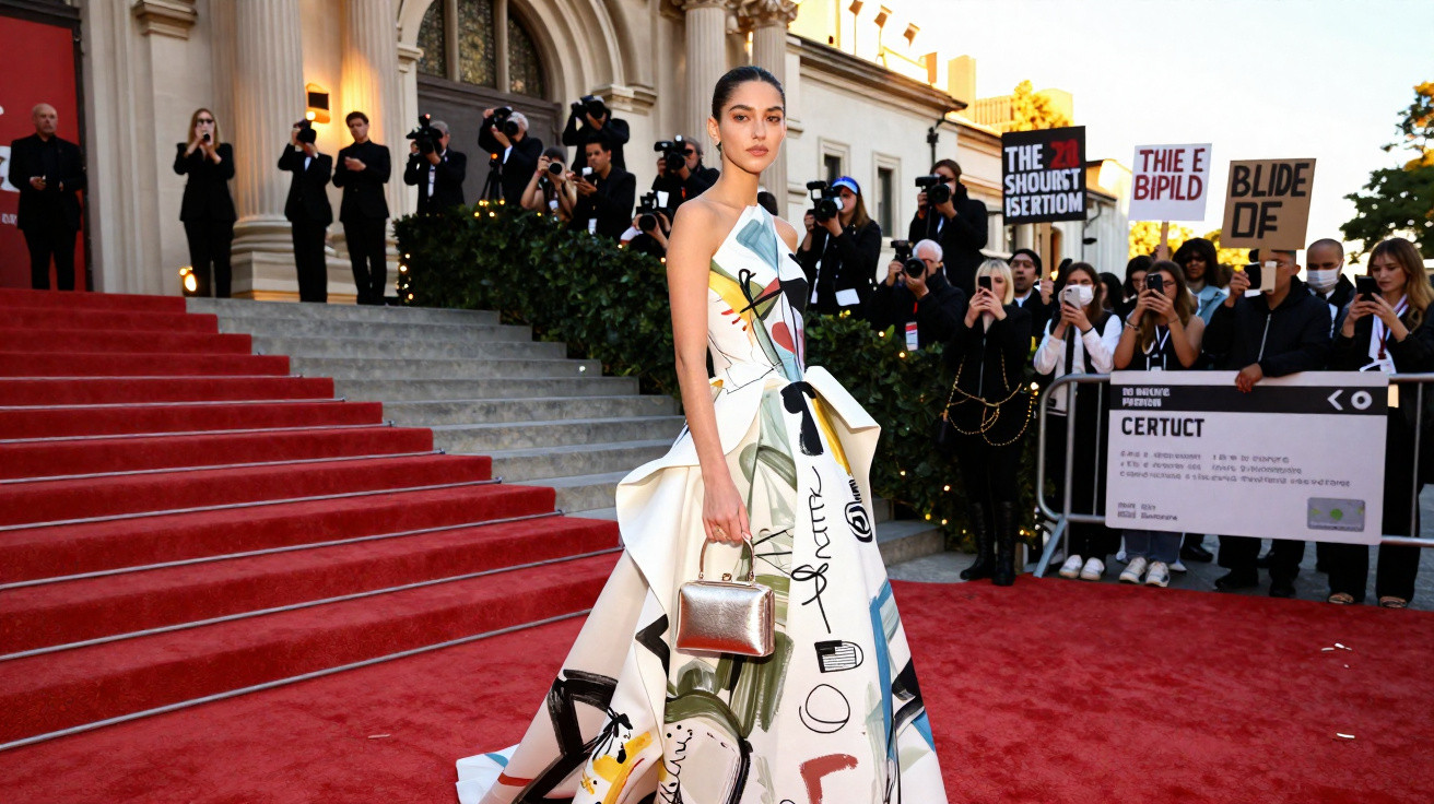 Mulher elegante com vestido colorido e bolsa prateada posa no tapete vermelho em evento com fotógrafos ao fundo.