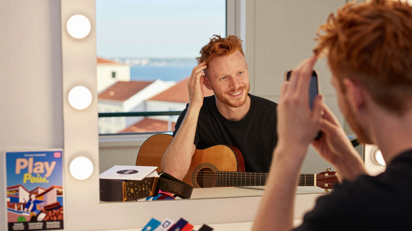 Homem ruivo a sorrir e a tirar foto com telemóvel, sentado com guitarra junto de espelho iluminado.
