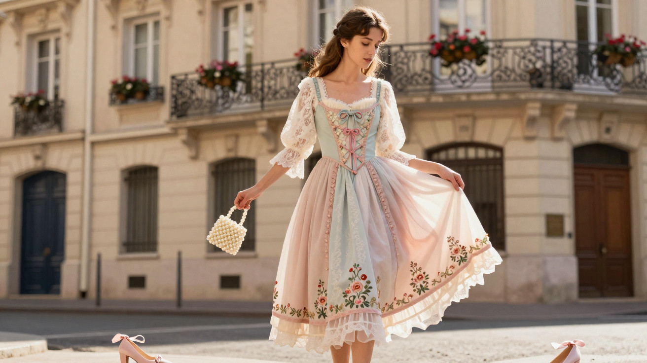 Mulher com vestido vintage com flores bordadas e blusa de renda, segurando mala de pérolas, em rua com edifícios antigos.