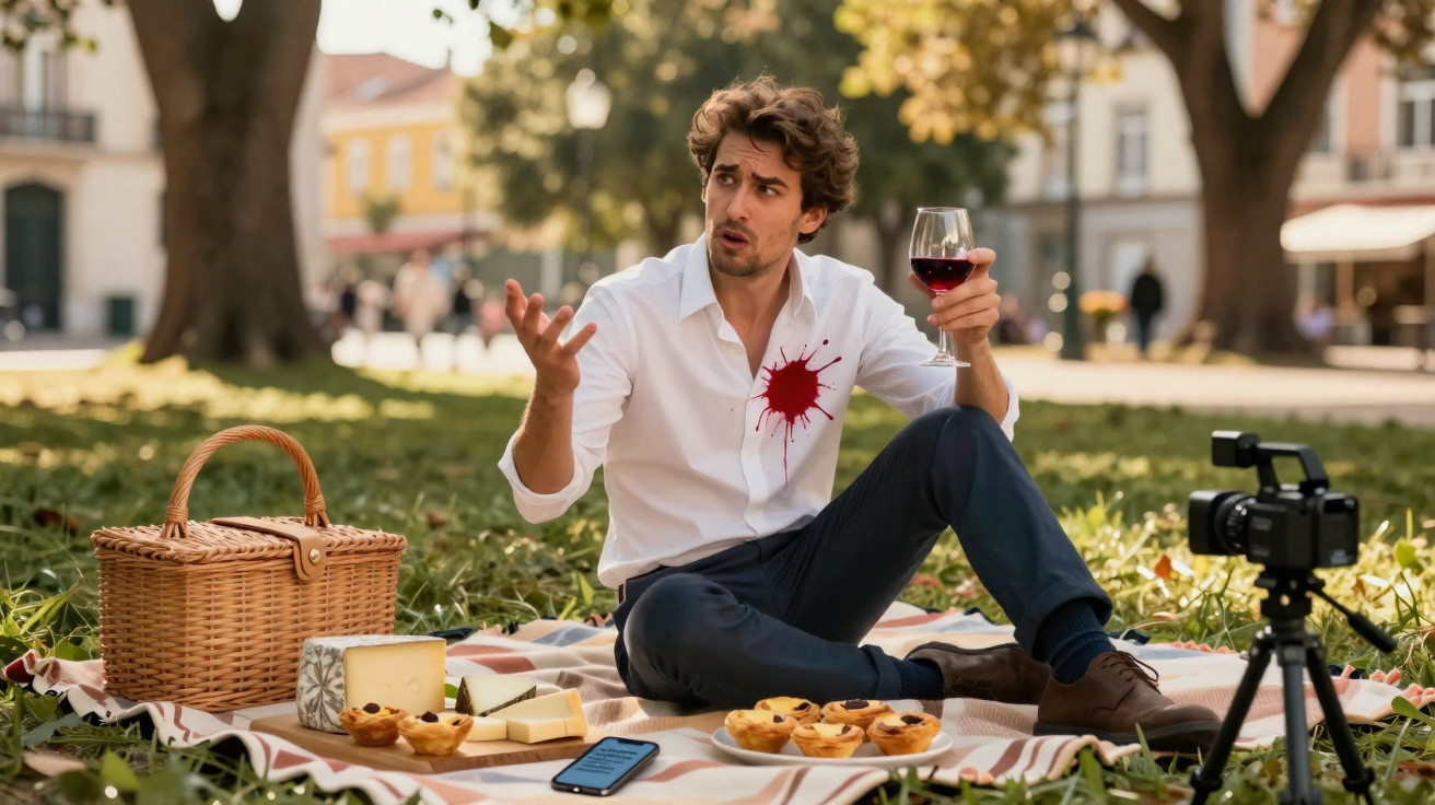 Homem sentado em piquenique com mancha de vinho tinto na camisa branca, segurando copo e gesticulando.