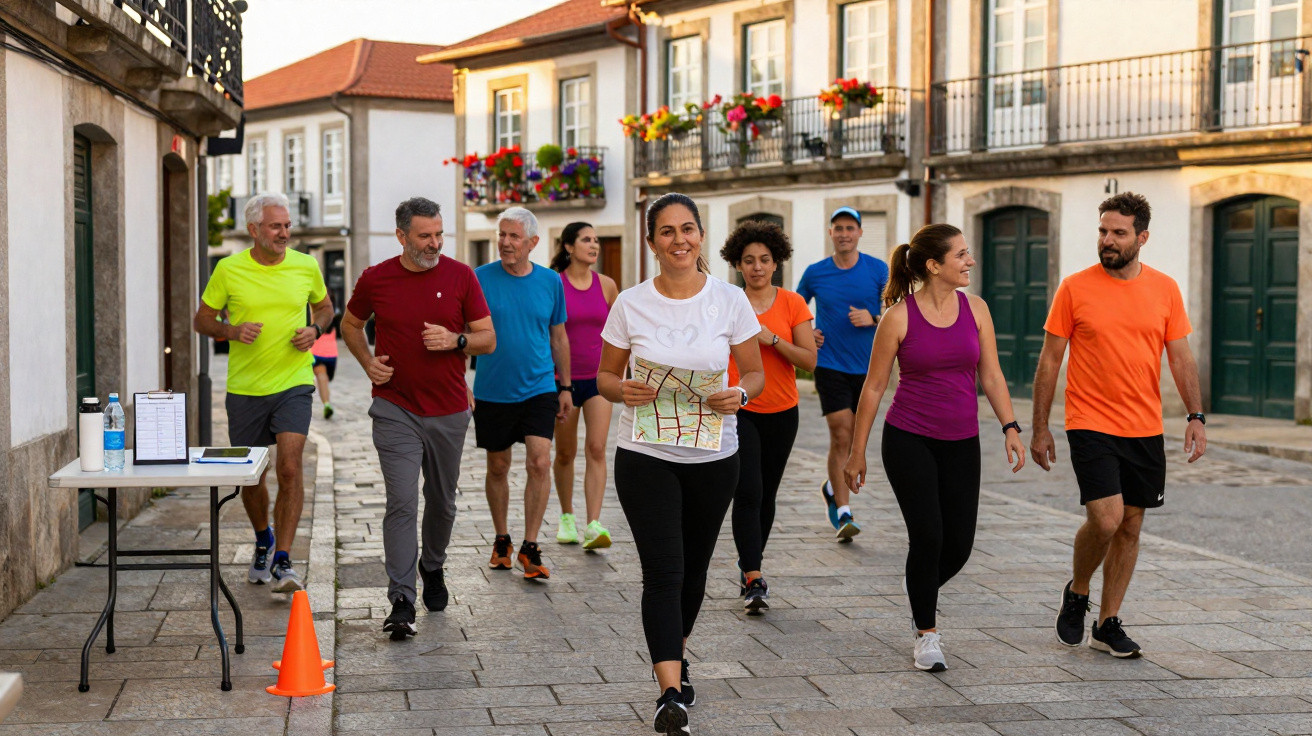 Grupo de pessoas a caminhar e correr numa rua de uma vila com casas tradicionais ao fundo.