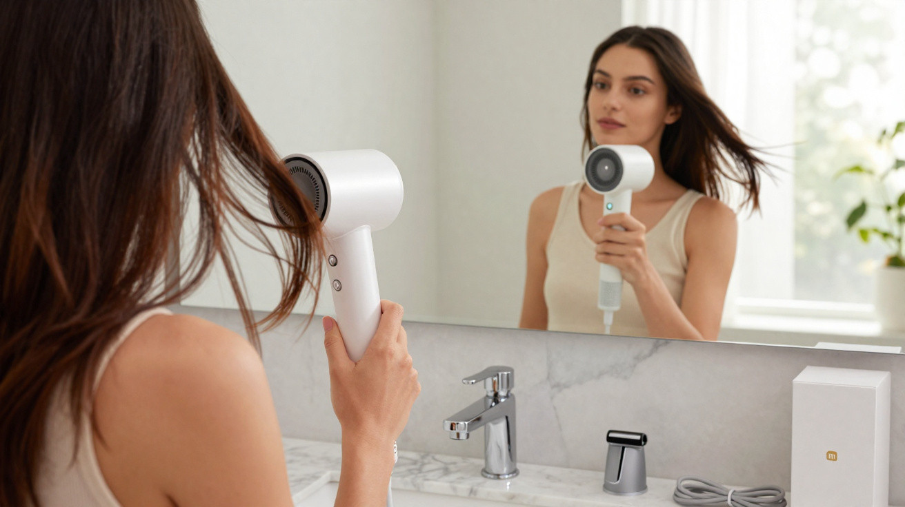 Mulher a secar o cabelo com um secador branco à frente de um espelho numa casa de banho moderna.
