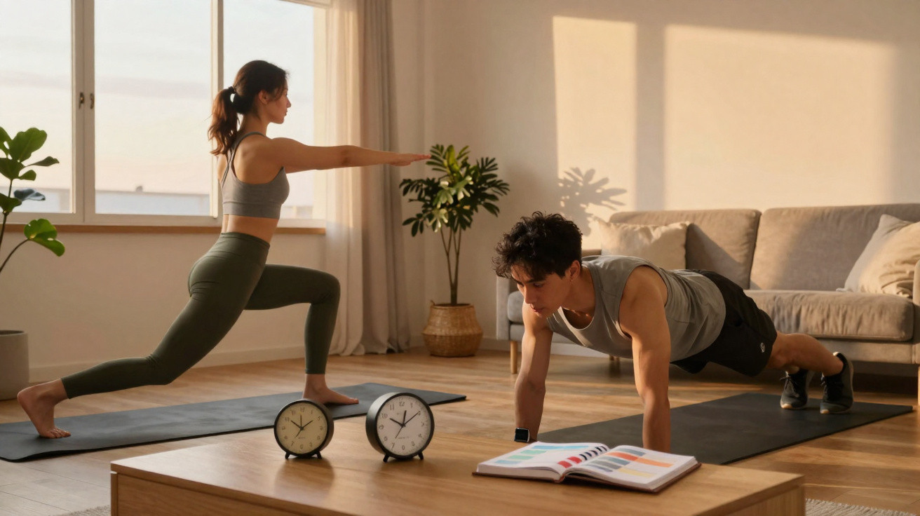 Casal a fazer exercícios de yoga em casa, com colchonetes e relógios num ambiente iluminado natural.