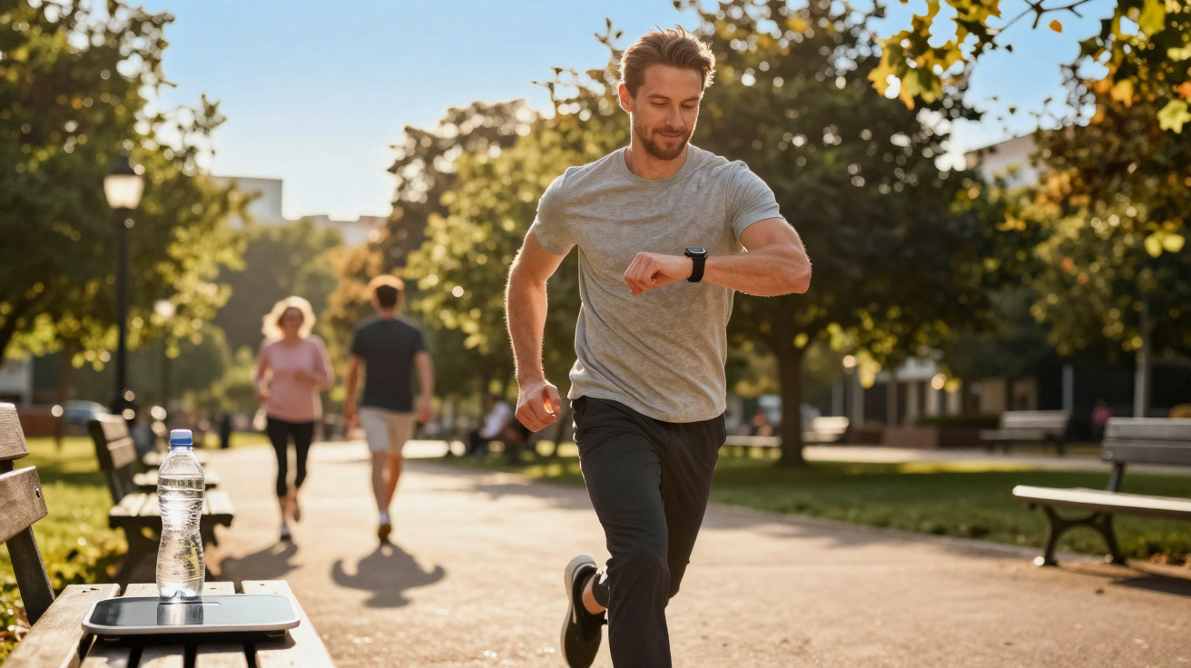 Homem a correr num parque ensolarado, olhando para o smartwatch no pulso.