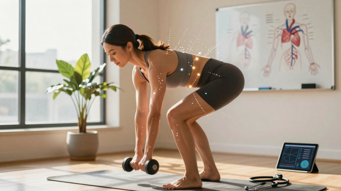 Mulher a fazer exercício com halteres numa sala iluminada com planta e tablet ao fundo.