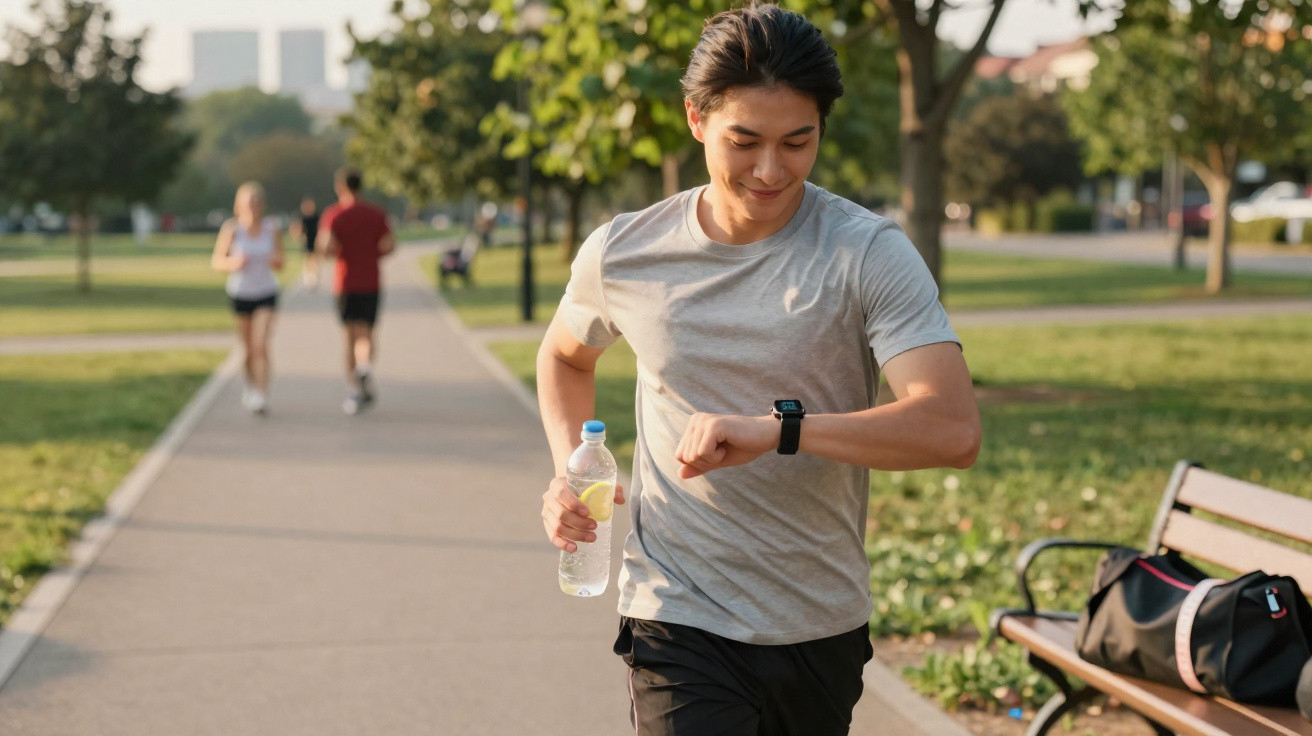 Homem a correr no parque a olhar para o relógio no pulso, segurando garrafa de água.