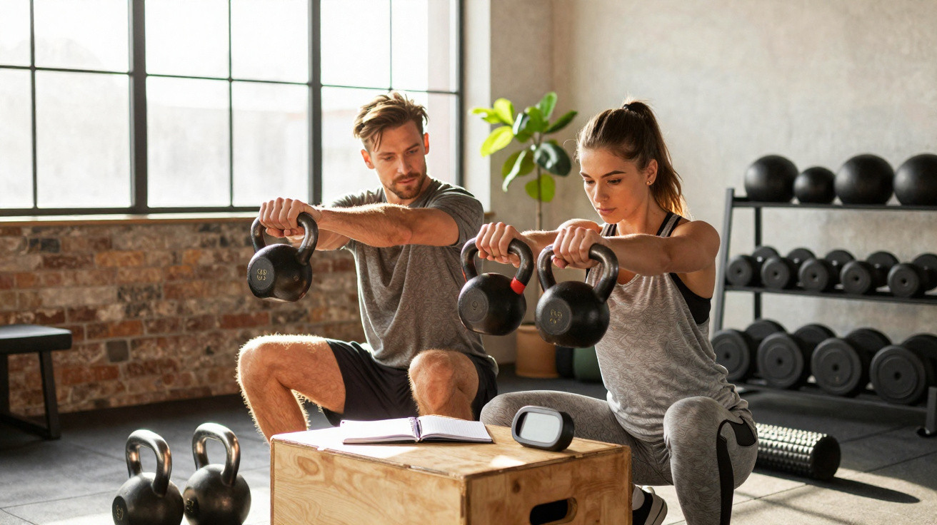 Homem e mulher a treinar com kettlebells em ginásio, com livro e relógio numa caixa de madeira.