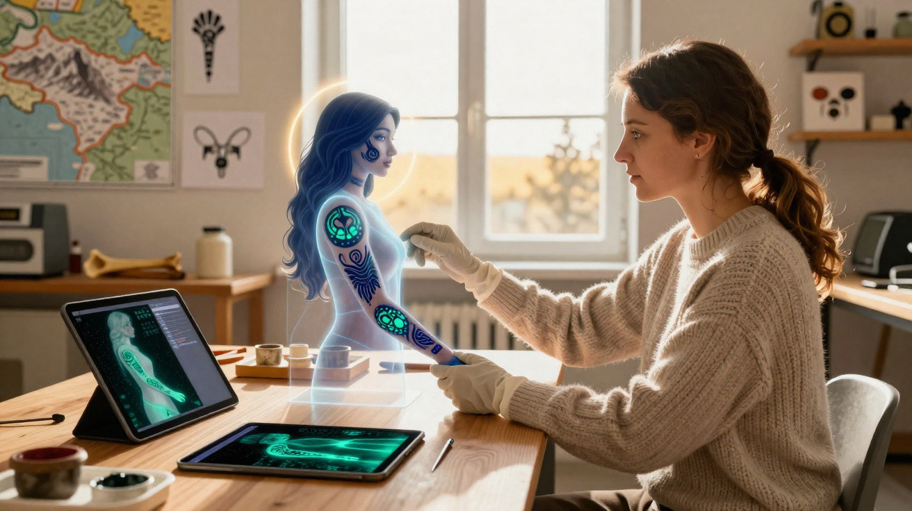 Mulher a trabalhar com holograma de figura feminina com tatuagens brilhantes numa mesa com tablets digitais.