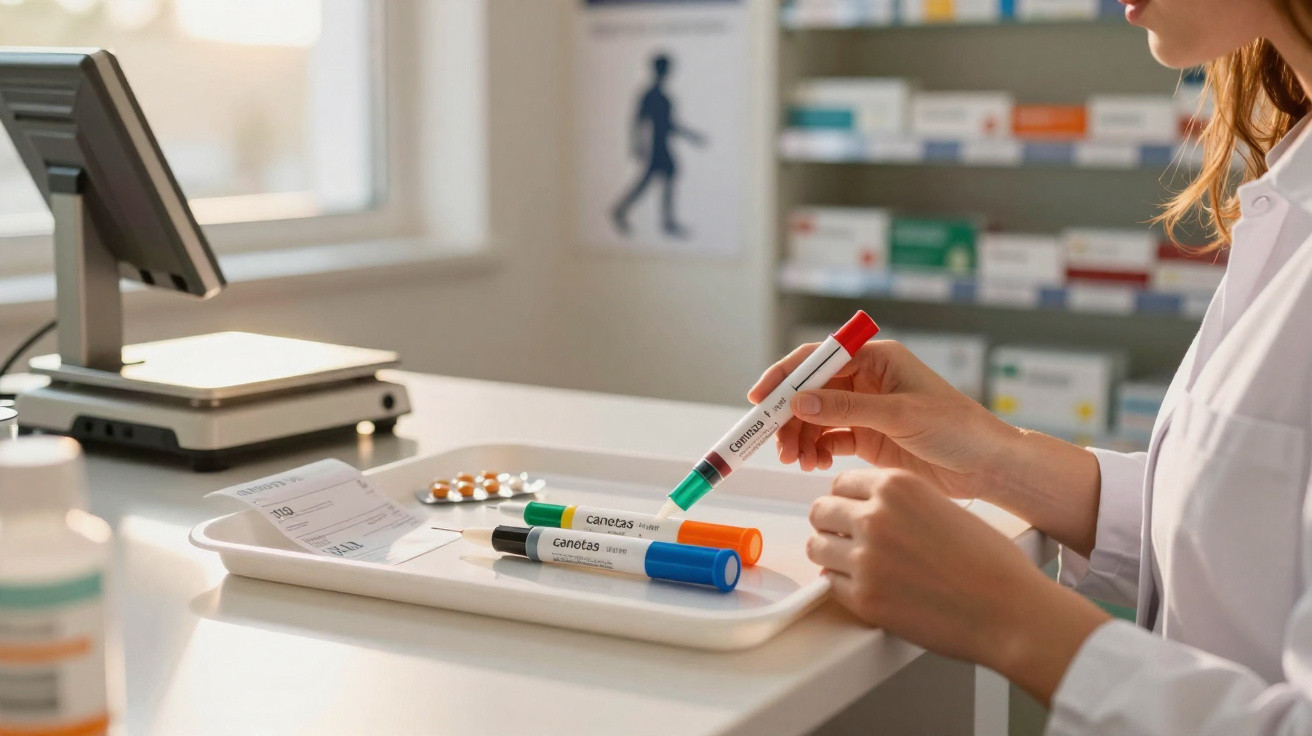 Farmacêutica a segurar uma caneta de marcadores médicos numa farmácia com medicamentos ao fundo.