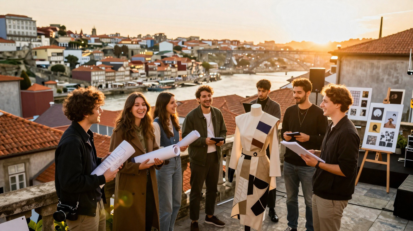 Grupo de jovens reunidos numa discussão de moda ao ar livre com a cidade e rio ao fundo ao pôr do sol.
