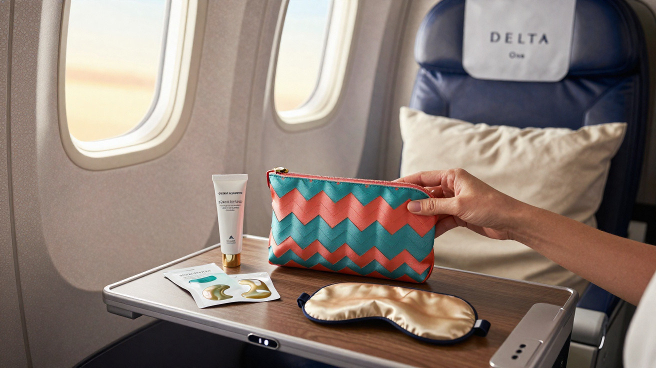 Mão a segurar nécessaire colorida na mesa de avião com máscara de dormir, creme e pastilhas de olhos ao lado.