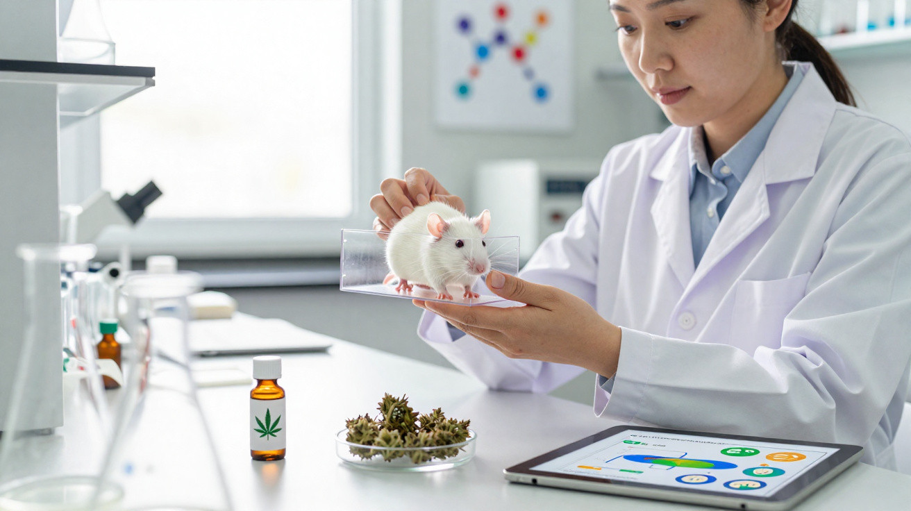 Cientista em laboratório segura rato branco perto de cápsula e tablet com gráficos sobre cannabis.