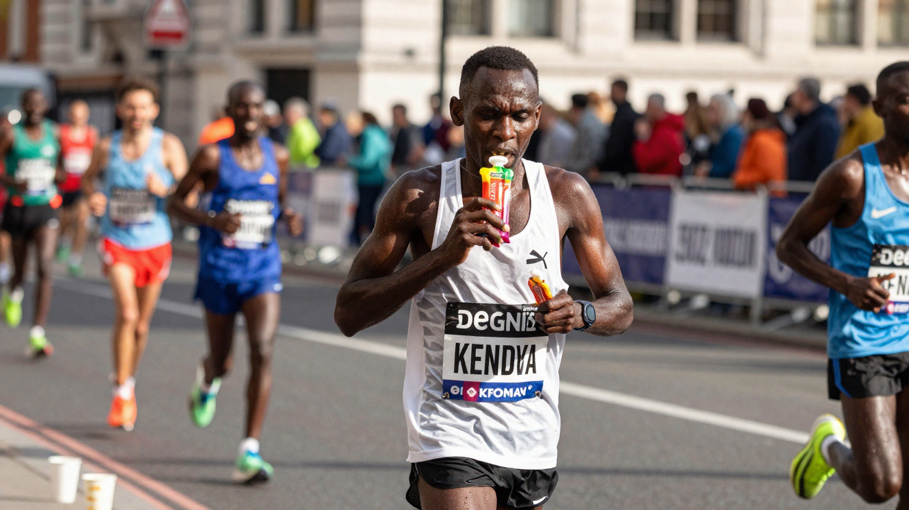 Atleta a correr numa maratona urbana, a beber de um saco de gel energético durante a prova.