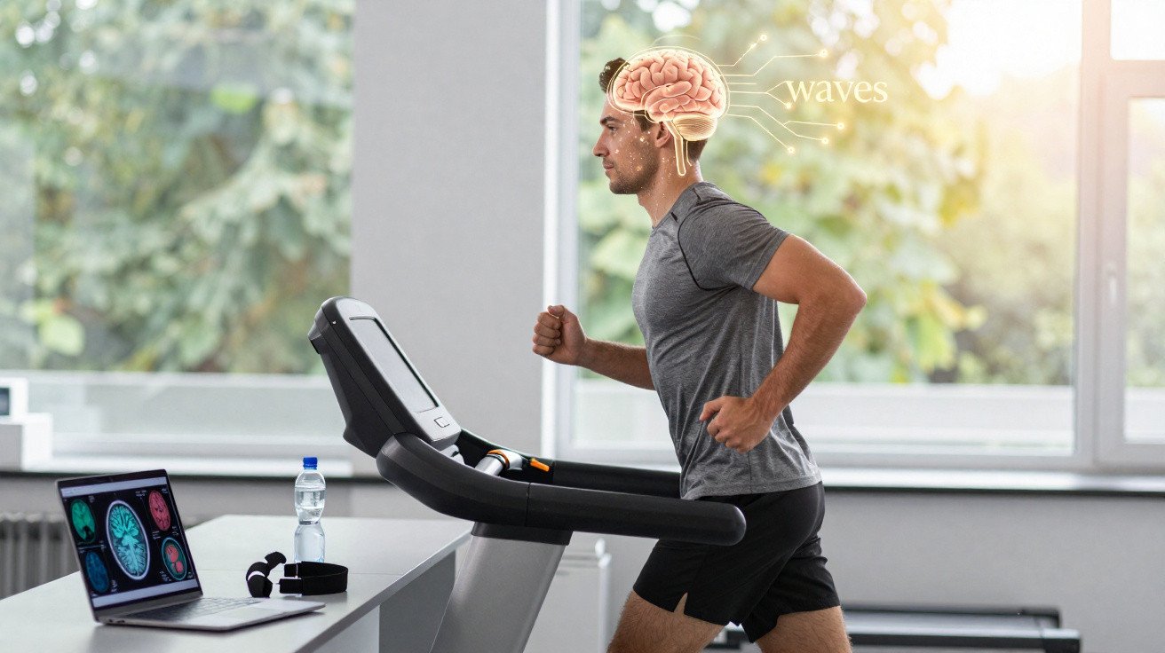 Homem a correr numa passadeira com ilustração do cérebro e ondas cerebrais representadas digitalmente.
