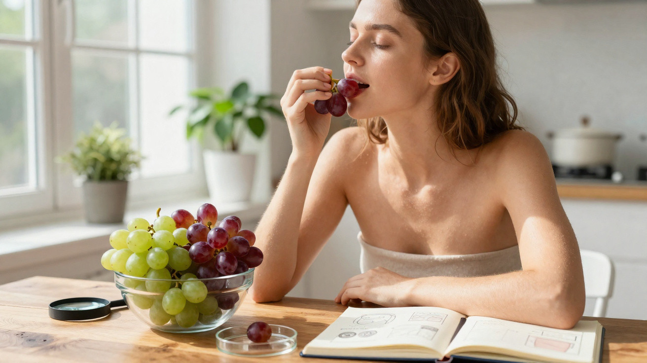 Mulher a saborear uvas vermelhas sentada à mesa com livro aberto em ambiente luminoso de cozinha.