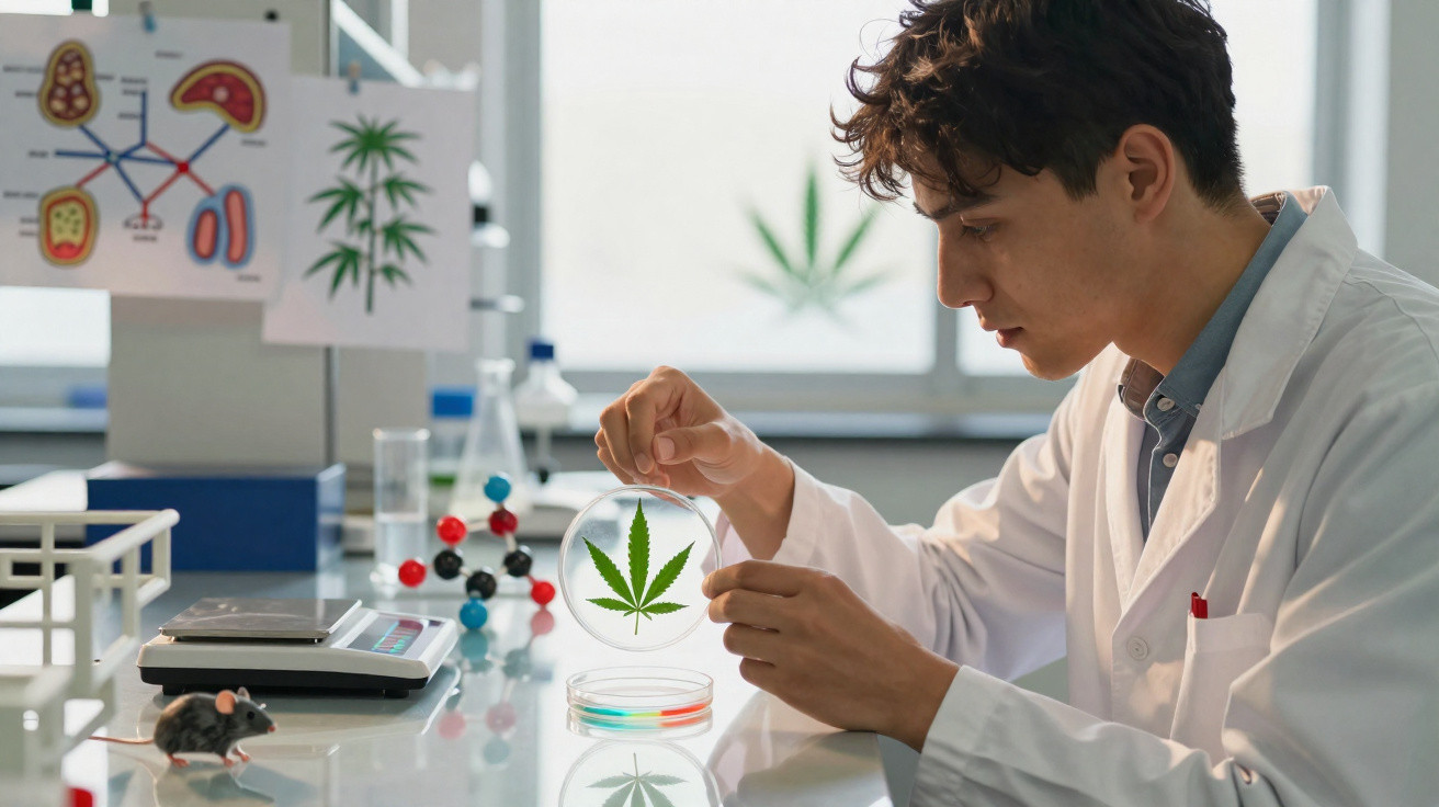 Cientista em laboratório a analisar folha de cannabis em placa de Petri, com rato e modelos moleculares na mesa.