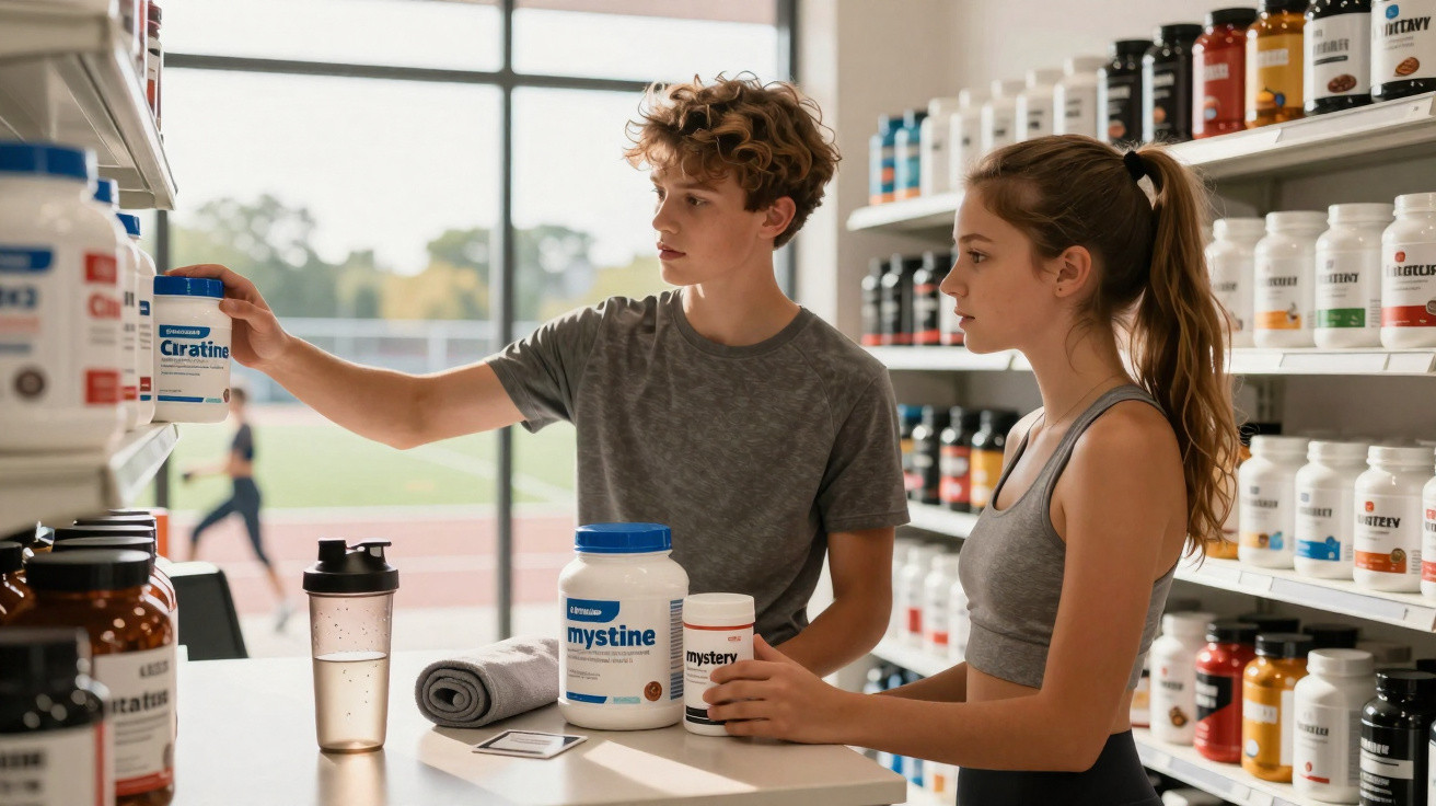 Jovem casal a escolher suplementos nutricionais numa loja de produtos fitness.