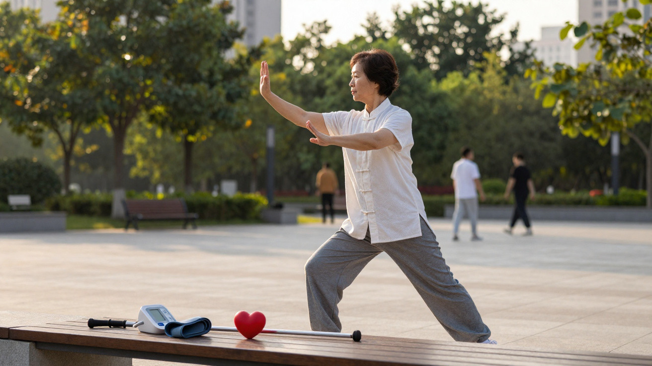 Pessoa idosa a praticar Tai Chi num parque urbano com árvores e outros transeuntes ao fundo.