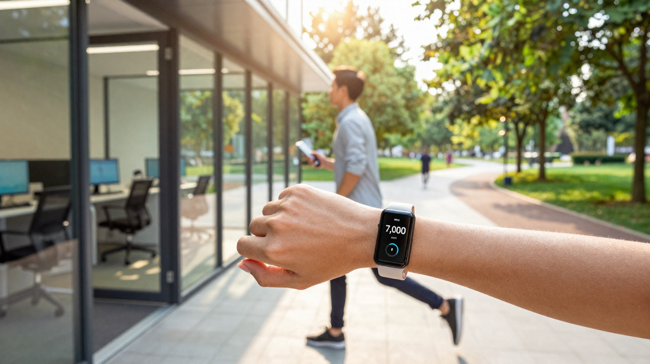 Pessoa mostra smartwatch com contagem de passos num passeio urbano ensolarado, com escritório ao fundo.