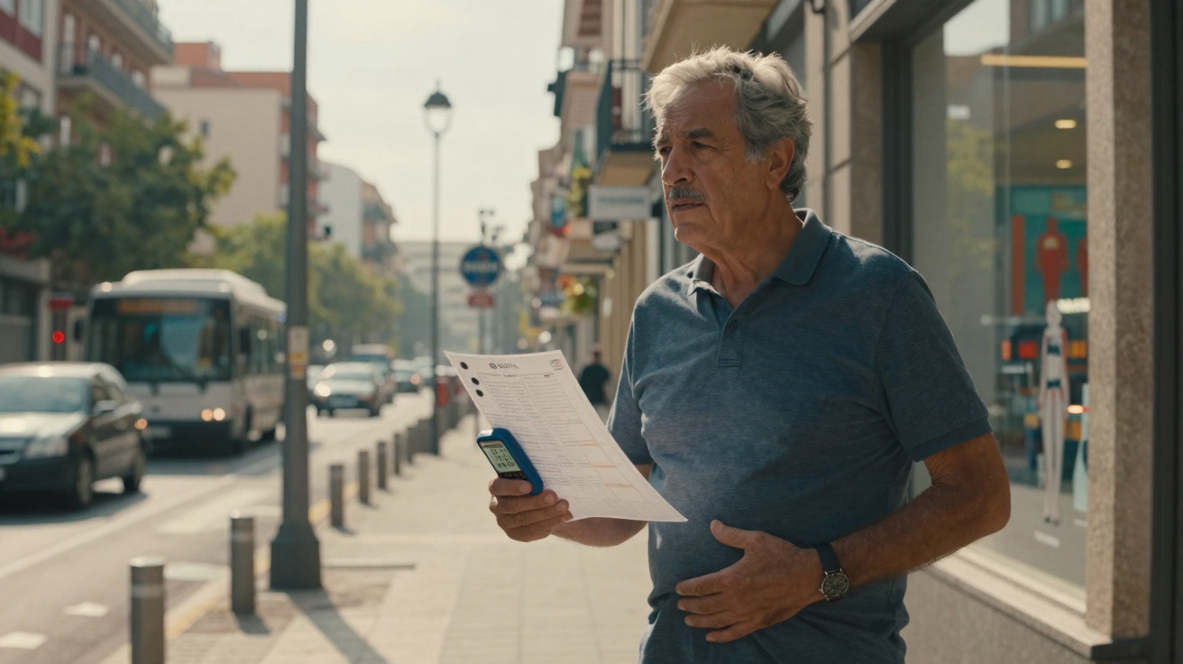 Homem idoso de camisola azul a caminhar na rua com documento e telefone na mão.
