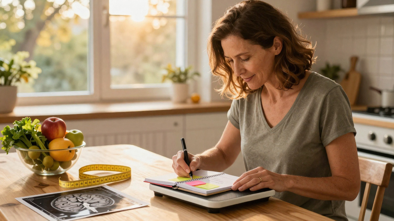 Mulher sentada a escrever num caderno na cozinha, com frutas e fita métrica sobre a mesa iluminada pela luz natural.