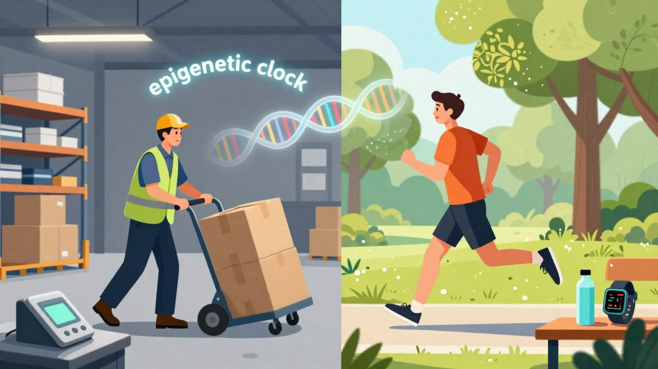 Ilustração dividida entre trabalhador no armazém e homem a correr no parque, com DNA e texto "epigenetic clock".