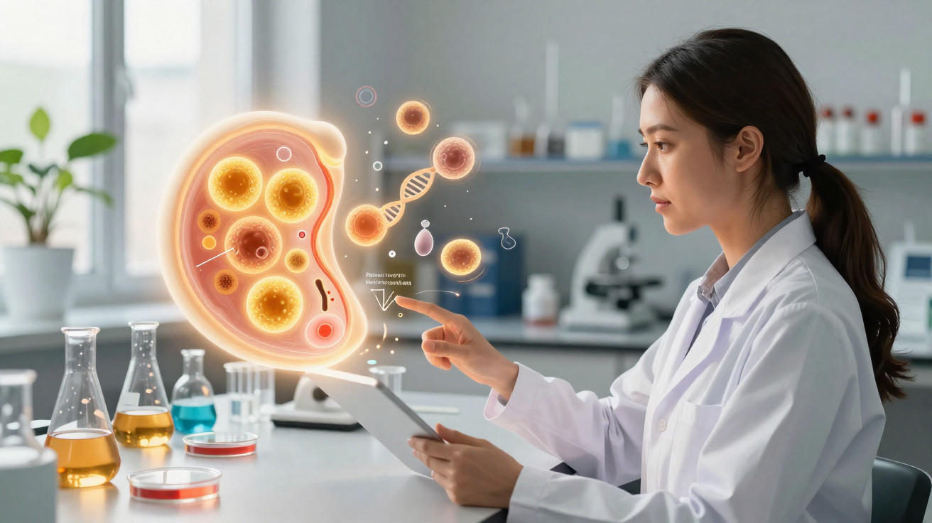 Cientista em laboratório interage com holograma de célula e estrutura de ADN digitalizada.