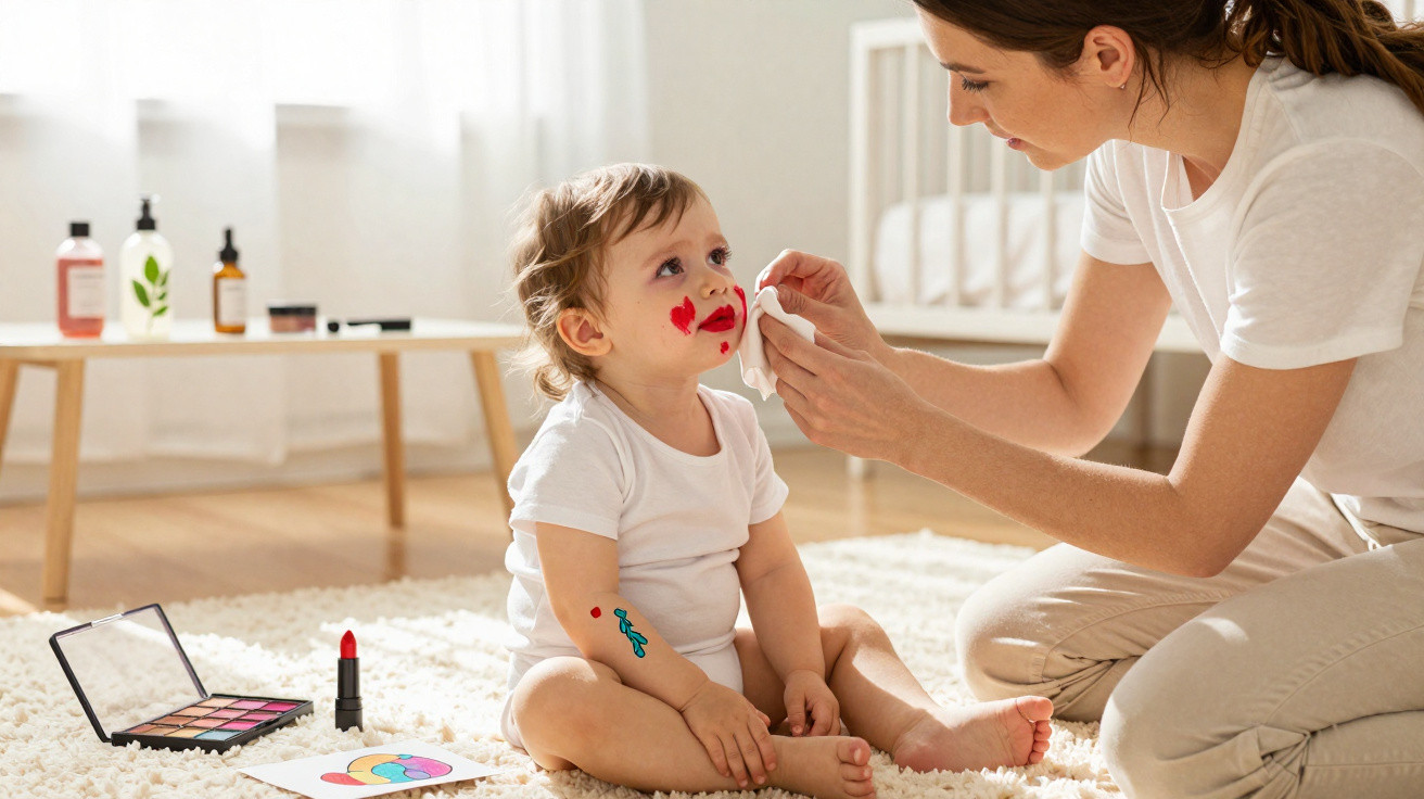 Criança com pinturas no rosto e braço sentada no tapete enquanto mulher limpa a cara delicadamente.