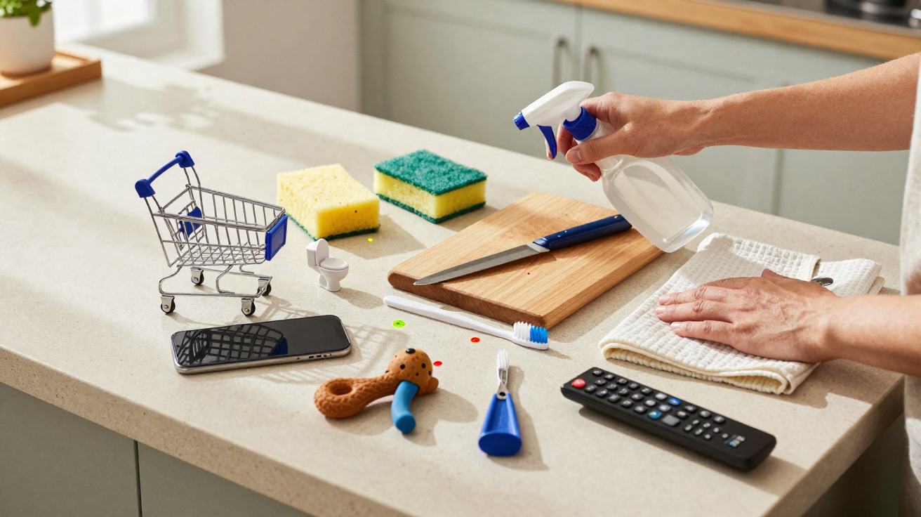 Mãos a limpar uma bancada de cozinha com um spray, com vários objetos espalhados, incluindo uma tábua, esponjas e comando rem