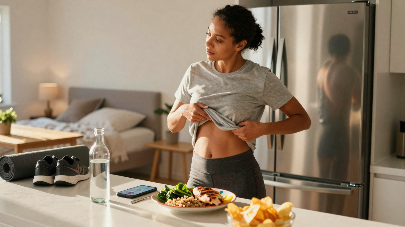 Mulher a levantar a t-shirt a observar o abdómen na cozinha, com comida saudável e ténis na bancada.