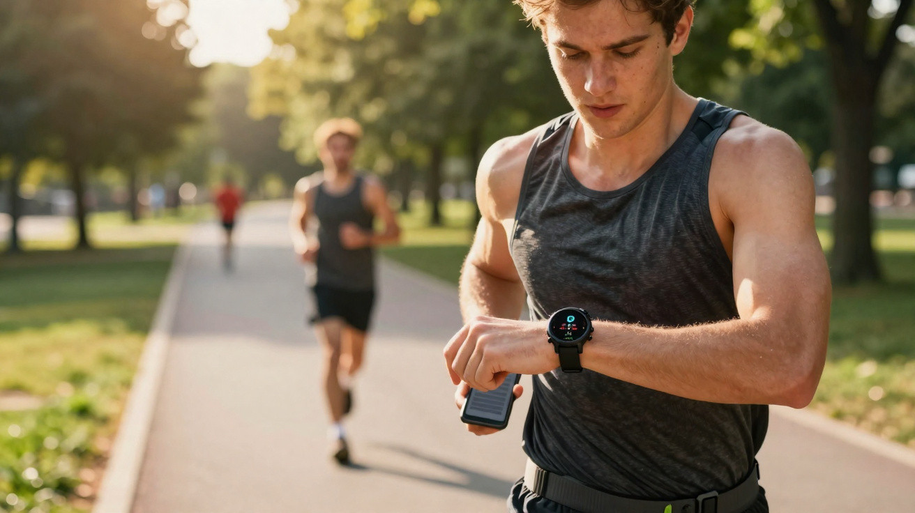Homem a correr num parque olha para relógio inteligente para verificar dados de treino enquanto outro corre ao fundo.