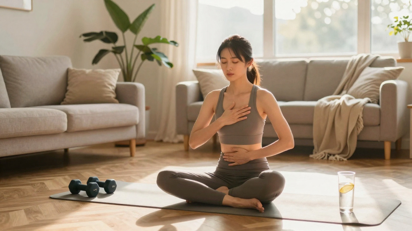 Mulher a fazer exercícios de respiração sentada no chão de uma sala com tapete, halteres e copo de água.