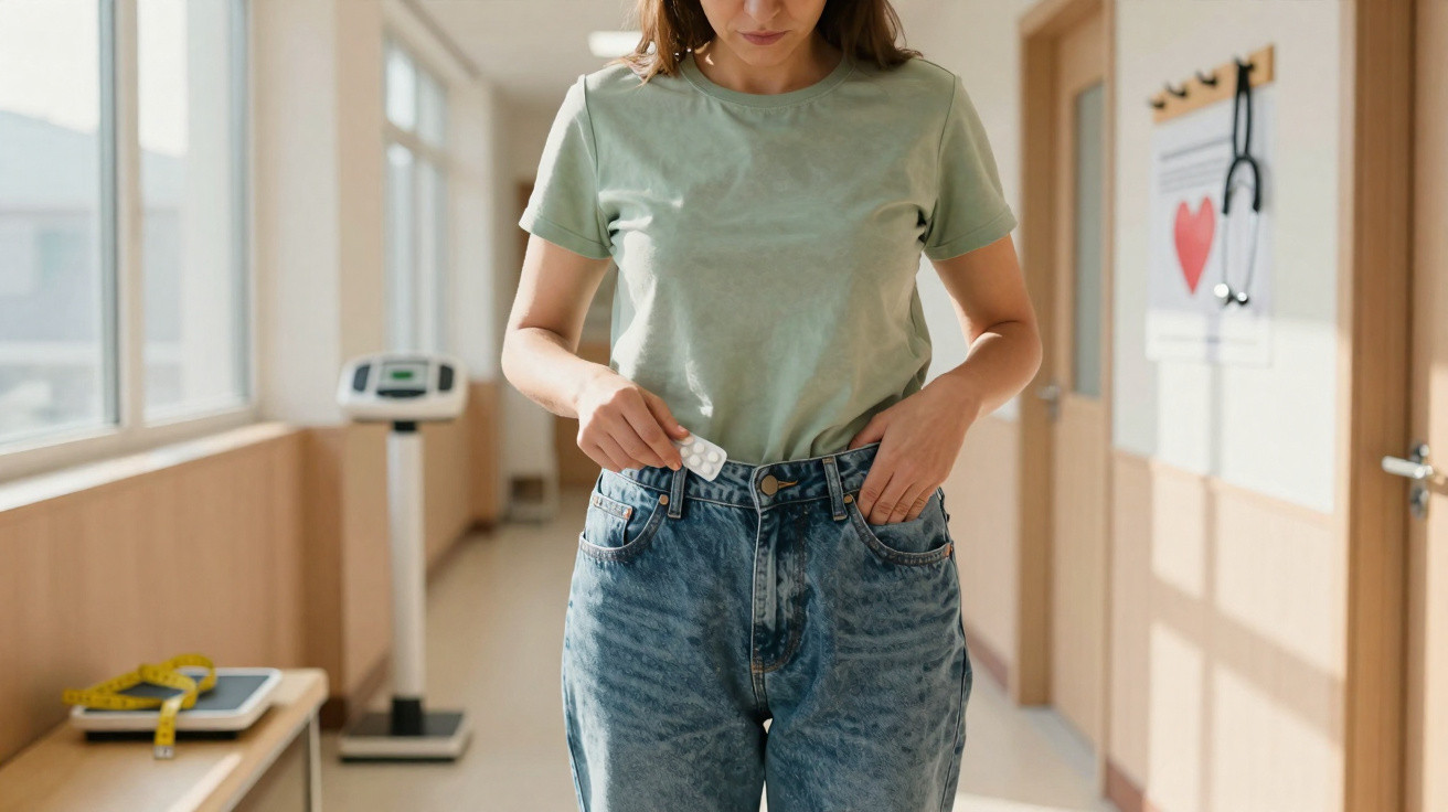 Mulher guarda blister de comprimidos no bolso de calças jeans num corredor de clínica ou hospital.