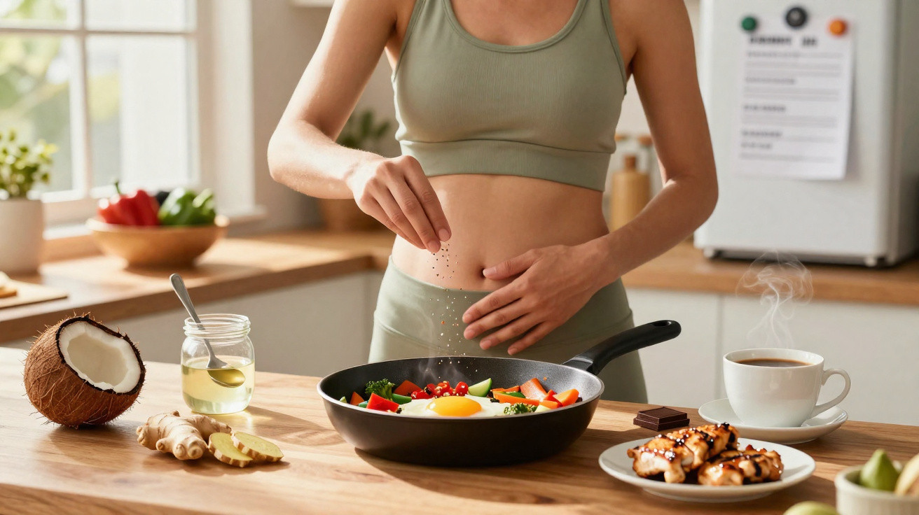 Pessoa a temperar legumes numa frigideira na cozinha, com comida e bebida à volta na bancada.