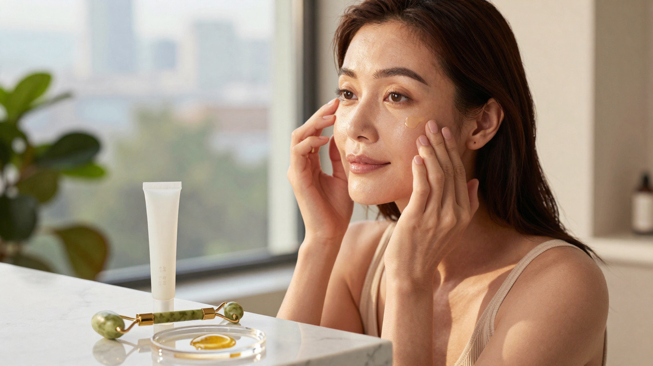 Mulher a aplicar creme facial junto a janela, com rolo de massagem e produtos de pele numa mesa.