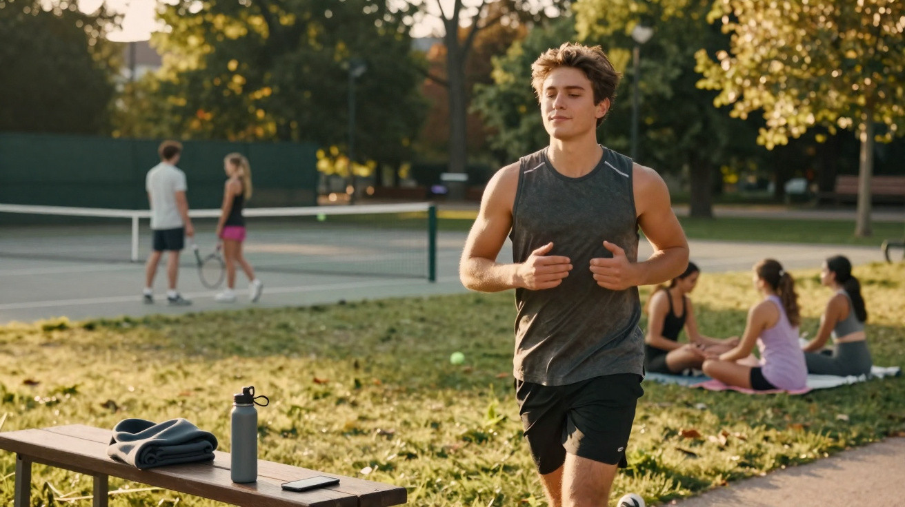 Homem a correr num parque junto a campo de ténis onde grupo pratica desporto ao ar livre ao final da tarde.