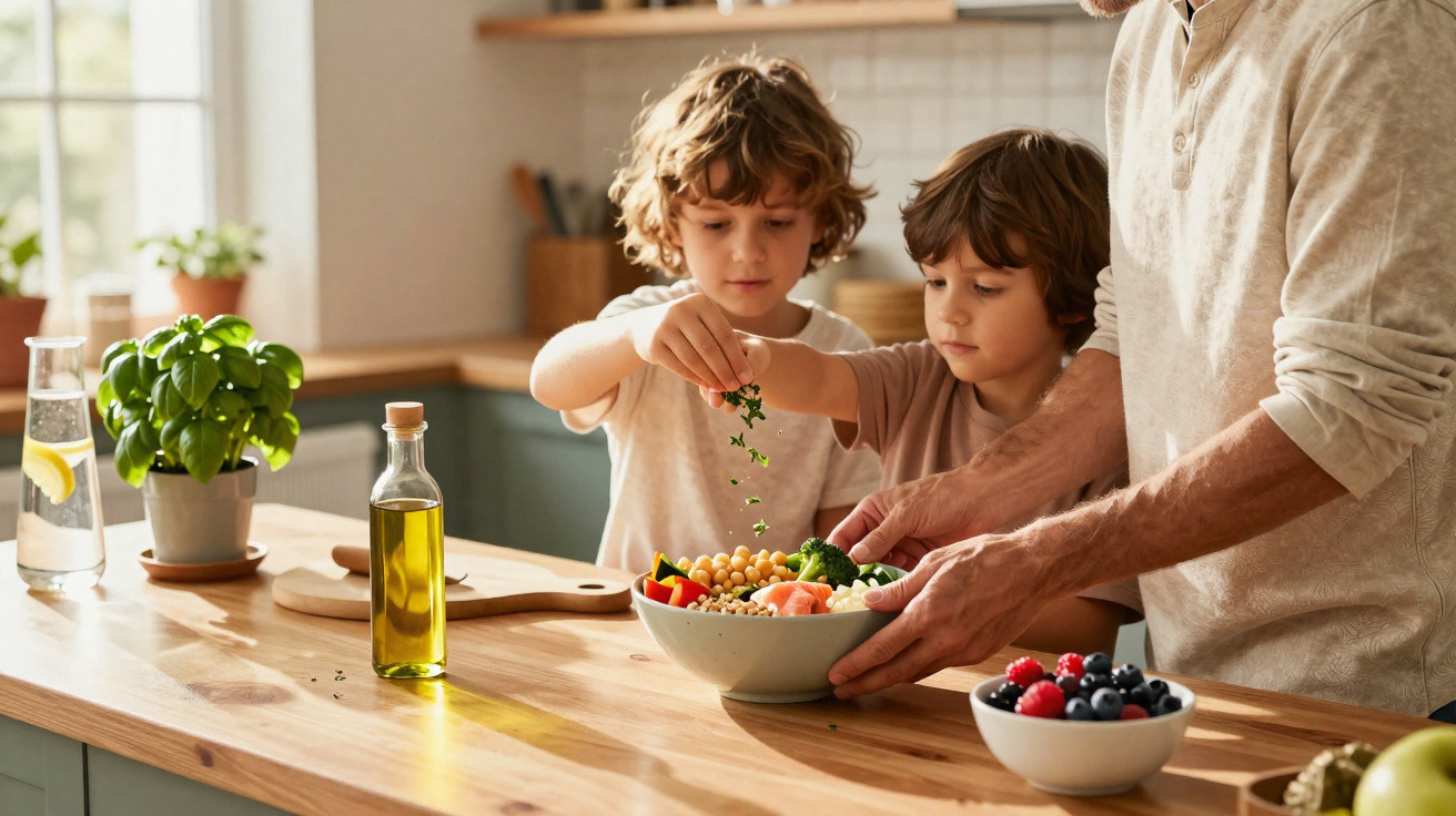 Crianças e adulto a preparar salada com legumes frescos e ervas numa cozinha luminosa.