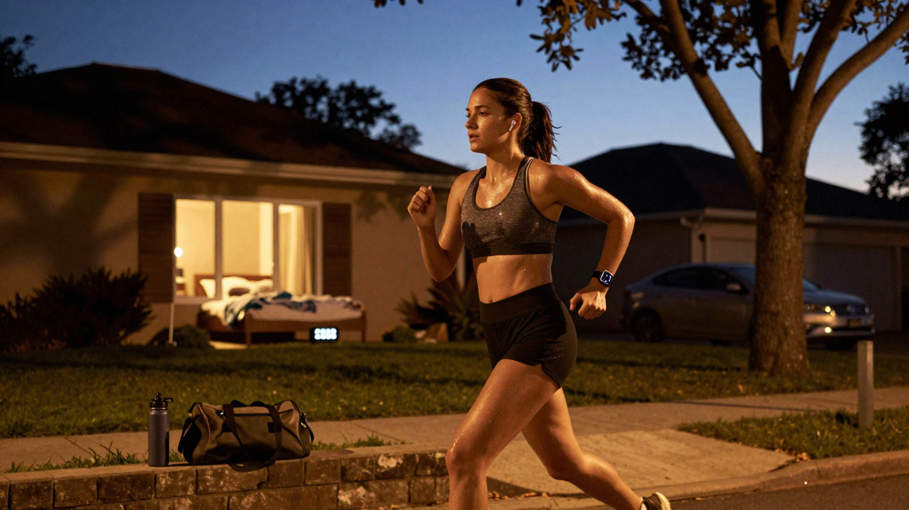 Mulher jovem a correr ao ar livre à noite, vestindo roupa desportiva e auscultadores, com casa e árvore ao fundo.