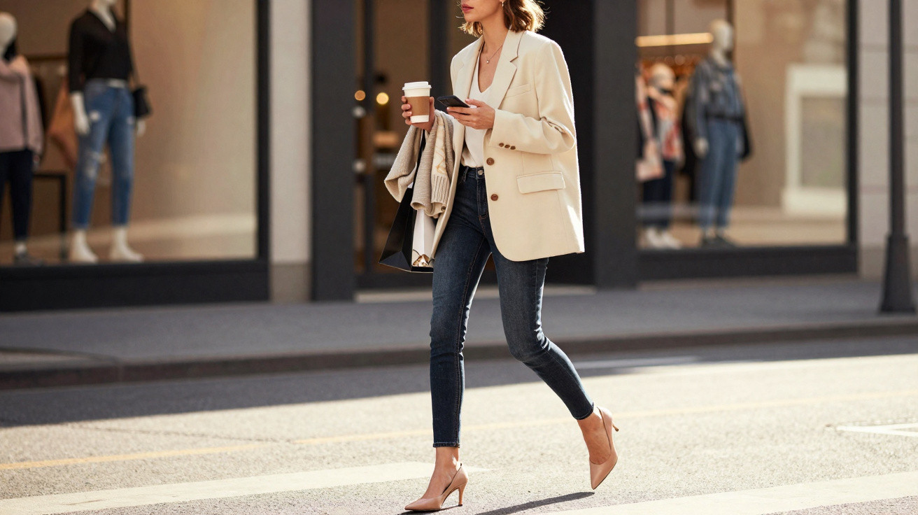 Mulher elegante a atravessar a rua com casaco bege, jeans escuros, sapatos de salto e café para levar.