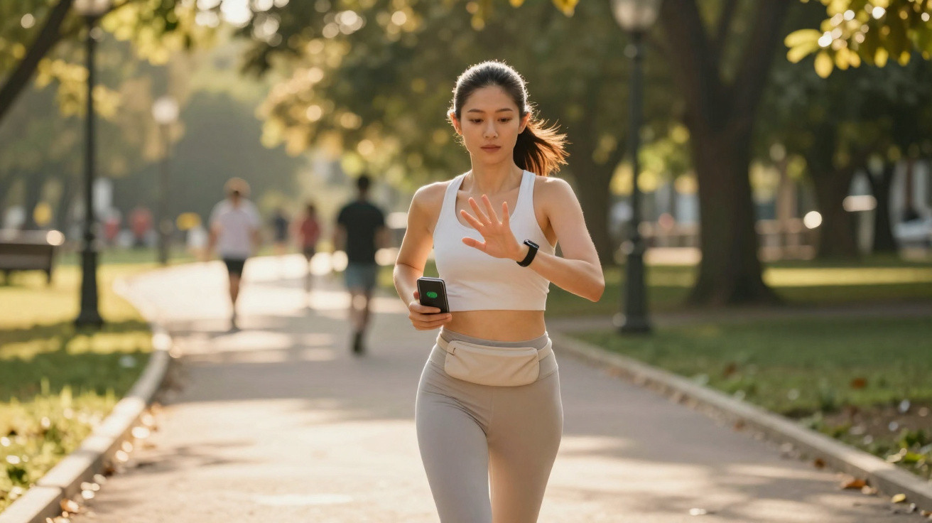 Mulher jovem a correr no parque ao ar livre, usando roupa desportiva e a ver um relógio inteligente no pulso.