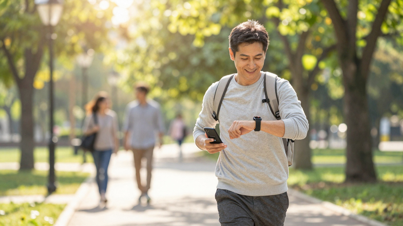 Homem a correr num parque, sorrindo enquanto olha para o relógio inteligente no pulso.
