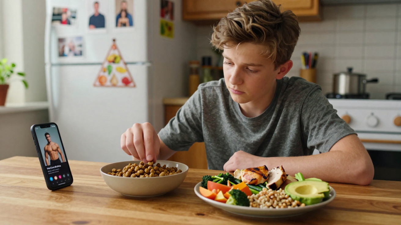 Rapaz a comer comida saudável na cozinha enquanto olha para telemóvel com imagem de homem musculado.