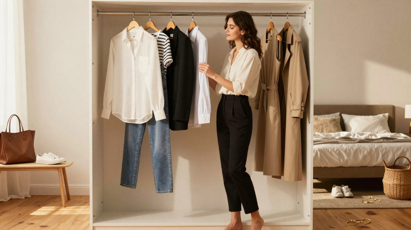 Mulher a escolher roupa num armário aberto com camisas, casacos e calças num quarto moderno.
