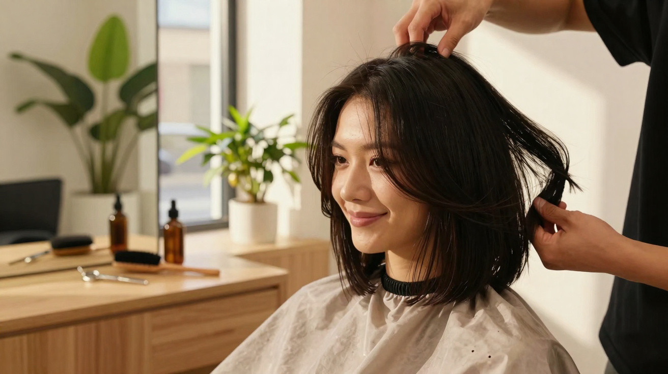 Mulher sorridente com cabelo curto a ser penteado por um cabeleireiro num salão luminoso.