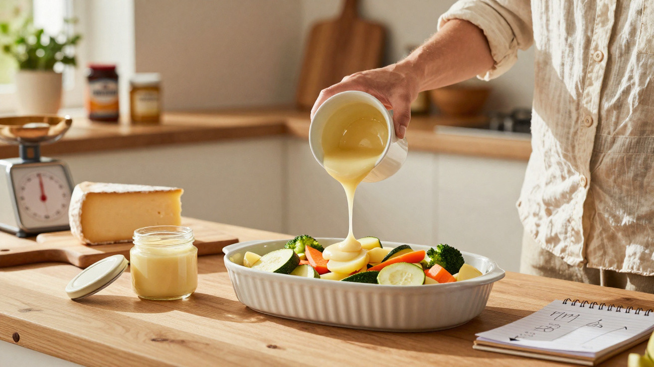 Pessoa a deitar molho cremoso sobre legumes frescos numa travessa branca numa cozinha luminosa.