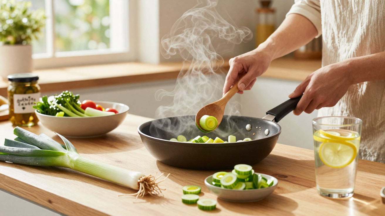 Pessoa a cozinhar alho-francês numa frigideira numa cozinha luminosa com legumes frescos e copo de água com limão.