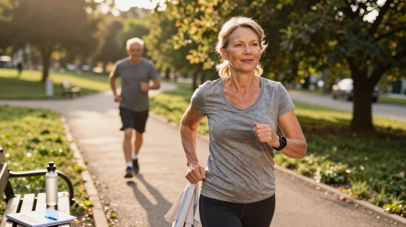 Mulher mais velha a correr num parque durante o dia com homem a correr ao fundo.