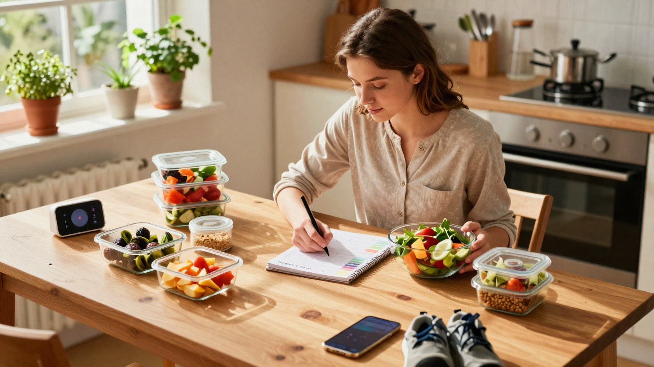 Mulher sentada à mesa a planear dieta com várias taças de saladas e frutas à sua frente numa cozinha moderna.