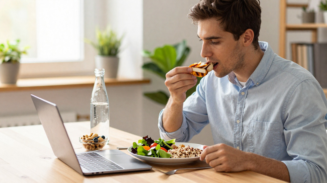 Homem a almoçar uma refeição saudável enquanto trabalha num computador portátil numa mesa com plantas.